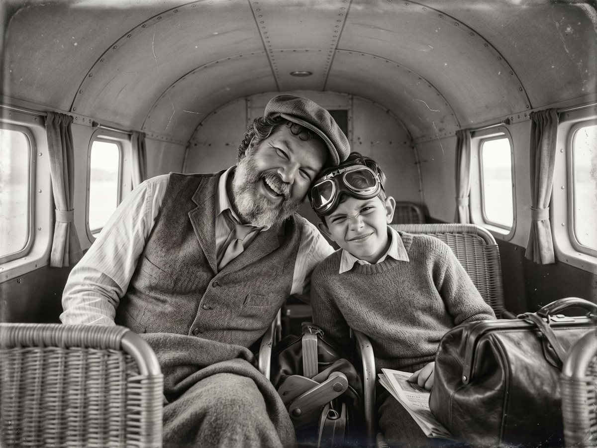 Gaël and Olivier in a 1920s-style photo, sitting in an old propeller plane cabin; Olivier wears flying goggles.